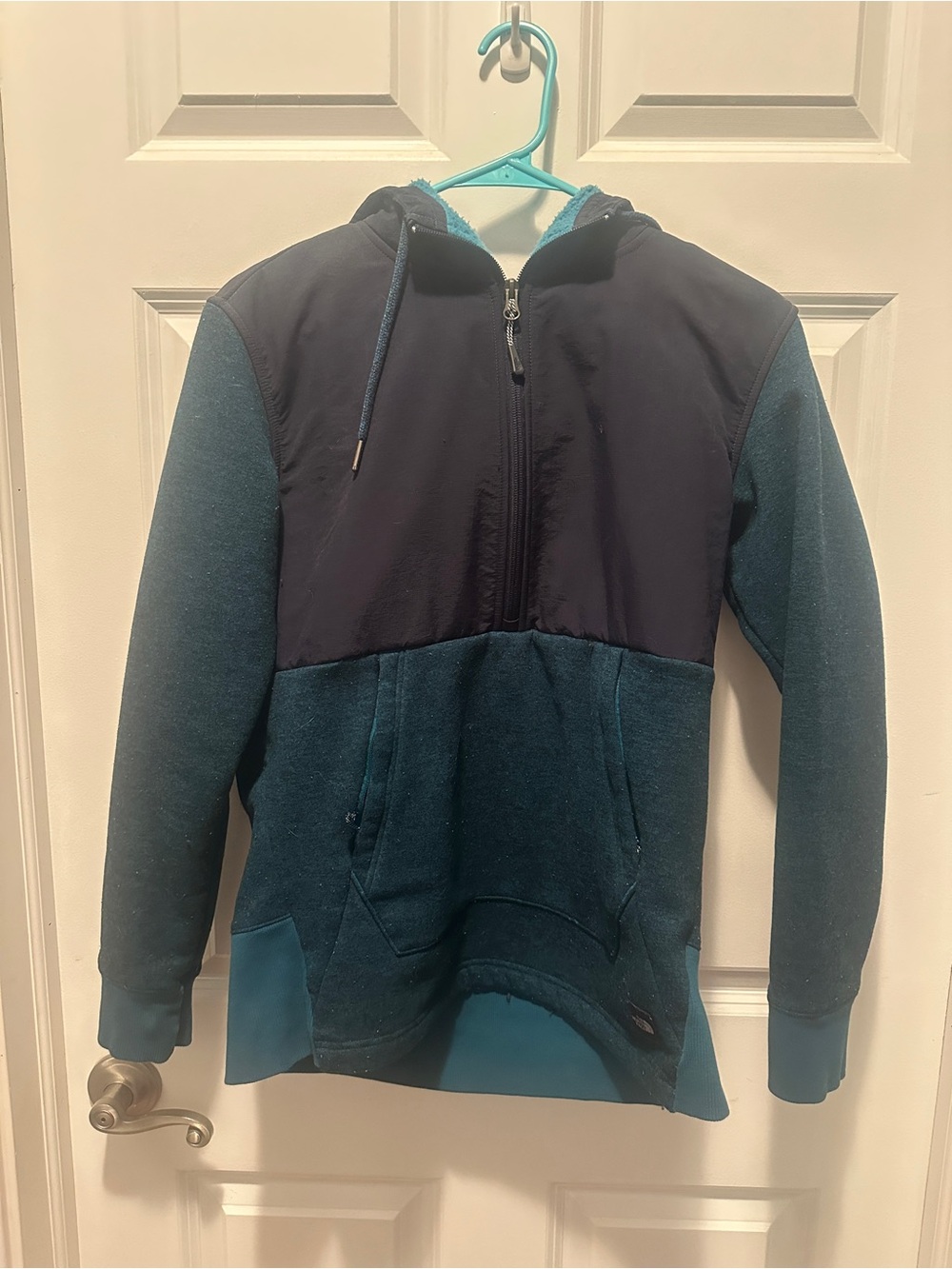 Women’s Teal and Black Hooded Half-Zip Sweater